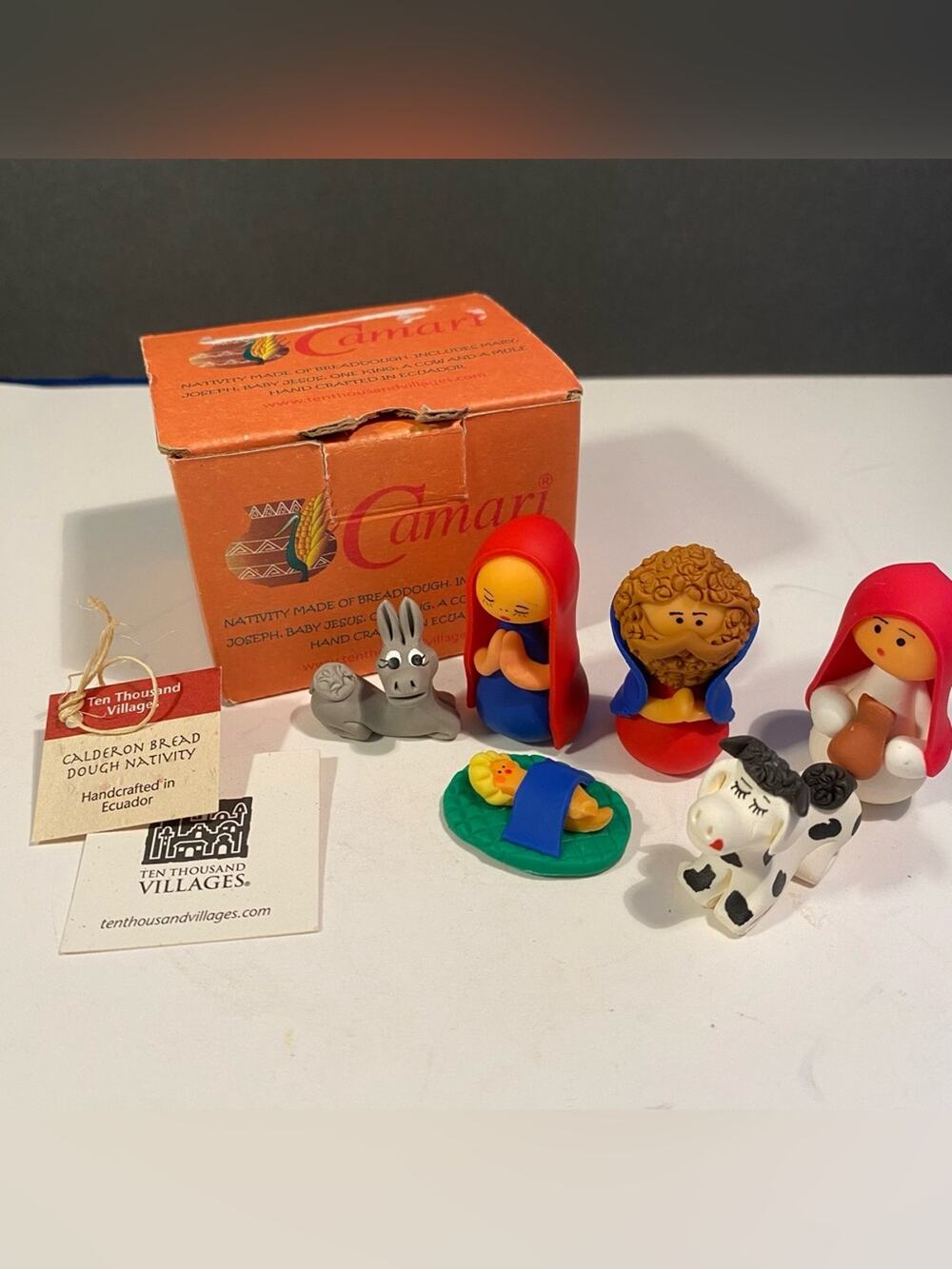 Ten Thousand Villages Ecuador Bread Dough Nativity Set Camari Box 6pc Vintage
